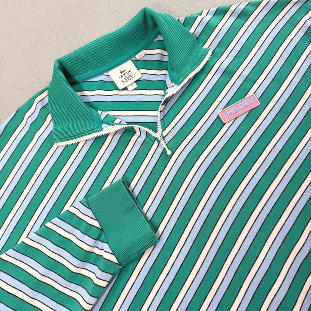 Rare Lacoste Men's Green Striped Quarter Zip Pullover Sweatshirt Sz XL